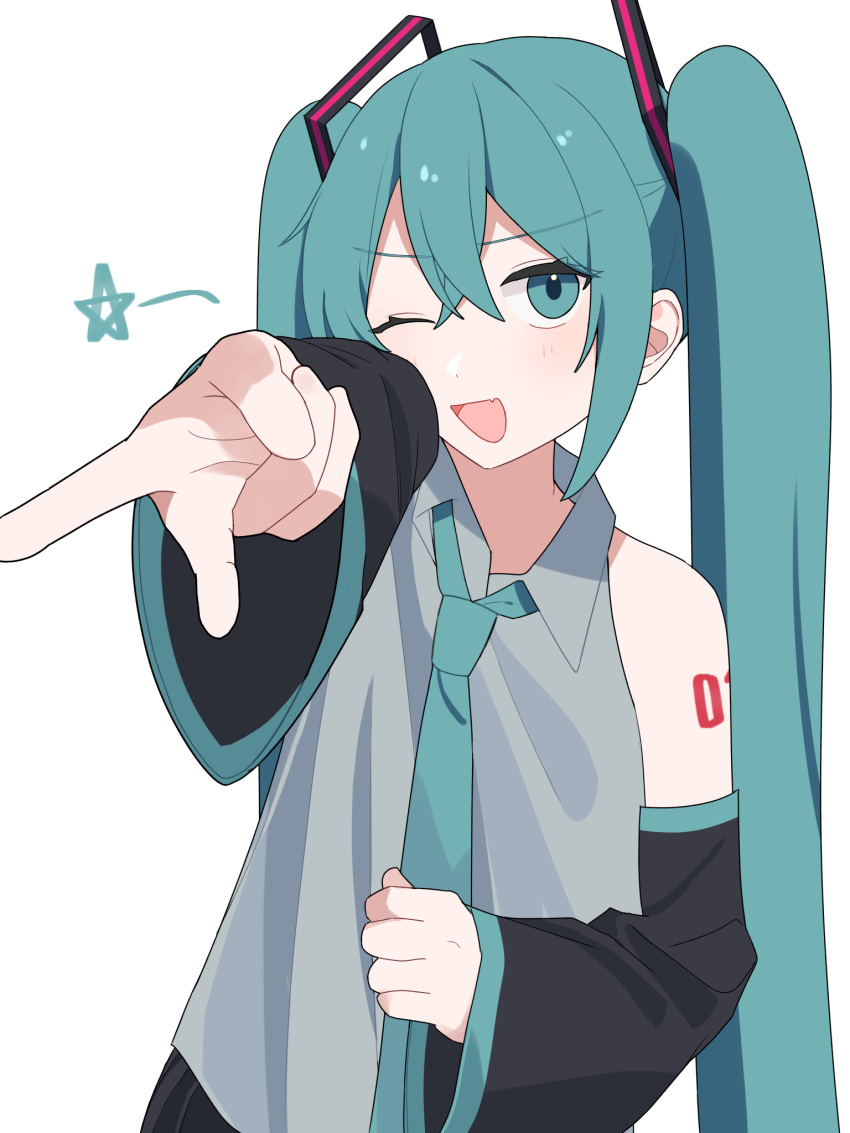1girl bentou_(bentou_1) blue_eyes blue_hair blush collared_shirt commentary_request detached_sleeves fang gyaru_v hair_ornament hatsune_miku highres long_hair long_sleeves looking_at_viewer necktie one_eye_closed open_mouth shirt sleeveless sleeveless_shirt smile solo star_(symbol) v very_long_hair vocaloid