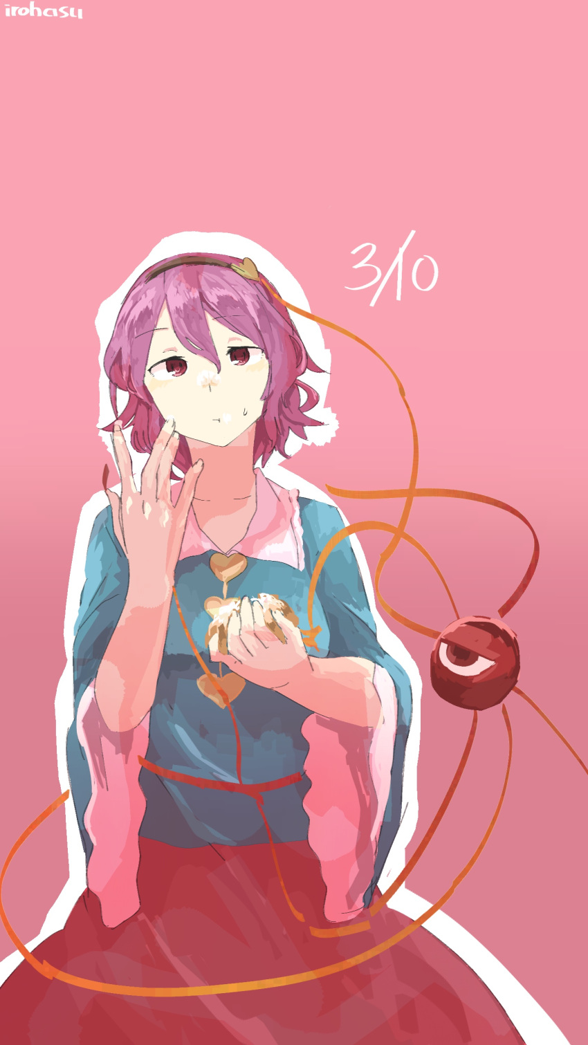 1girl :t absurdres artist_name black_hairband blue_shirt buttons collared_shirt commentary cream_puff dated eating eyeball food hair_between_eyes hair_ornament hairband heart heart_button heart_hair_ornament highres holding holding_food irohasu_(sasagarasu) komeiji_satori long_sleeves looking_at_viewer outline pink_background pink_hair red_eyes red_skirt shirt short_hair skirt solo sweatdrop third_eye touhou white_outline wide_sleeves