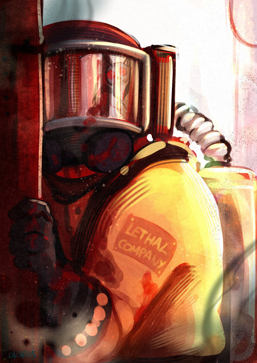 1other absurdres black_gloves bodysuit clothes_writing english_text gloves hazmat_suit helmet highres hoarding_bug_(lethal_company) holding indoors lazarusart lethal_company long_sleeves monster orange_bodysuit oxygen_mask oxygen_tank red_eyes reflection strap worker_(lethal_company)