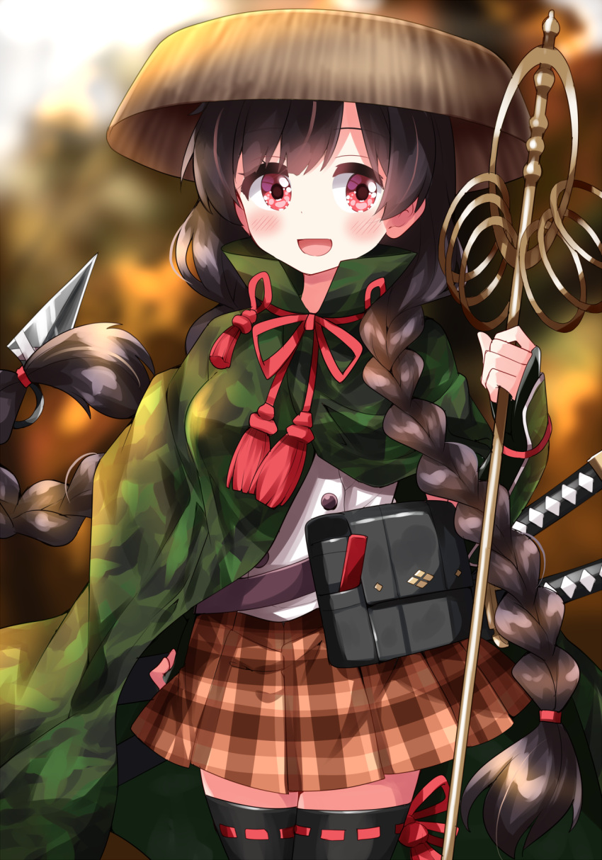 1girl :d ajirogasa alternate_costume black_hair black_thighhighs blurry blurry_background braid brown_headwear brown_skirt commentary_request hat highres holding holding_staff long_hair looking_at_viewer open_mouth plaid plaid_skirt red_eyes ribbon-trimmed_legwear ribbon_trim ruu_(tksymkw) skirt smile solo staff thigh-highs touhou twin_braids yatadera_narumi