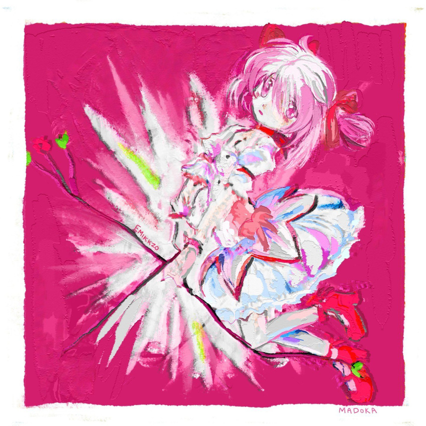 1girl blush border bow bow_(weapon) bubble_skirt character_name choker emikkzo faux_traditional_media frilled_skirt frills hair_between_eyes hair_ribbon heel_up highres holding holding_bow_(weapon) holding_weapon impasto kaname_madoka looking_at_viewer mahou_shoujo_madoka_magica medium_hair open_mouth painterly pantyhose pink_background pink_eyes pink_hair puffy_short_sleeves puffy_sleeves red_bow red_choker red_footwear red_ribbon ribbon short_sleeves short_twintails signature skirt solo twintails weapon white_border white_pantyhose