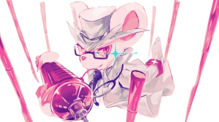 1boy animal_ears black_tie claws daroach doctor glasses hat kirby_(series) looking_at_viewer male_focus rby_tea solo sparkle white_background white_coat white_hat