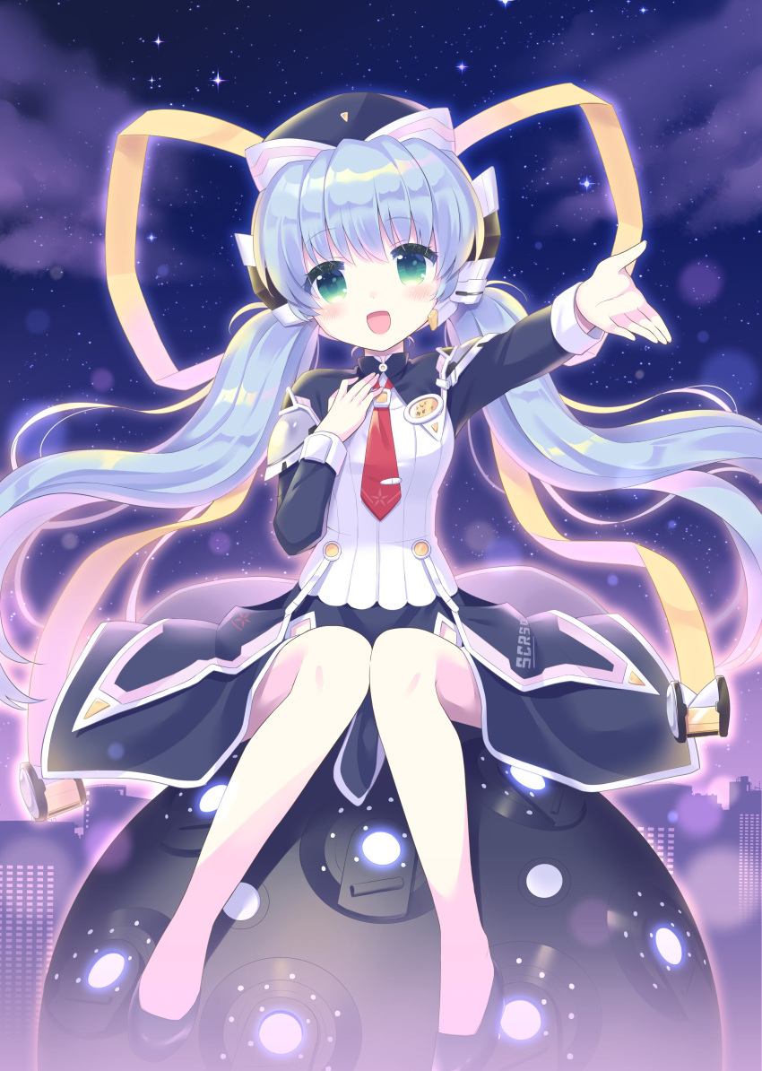 1girl 2020 :d absurdres black_dress black_headwear blue_hair blue_headwear blush character_name cityscape dated_commentary dress floating_hair full_body green_eyes hair_ribbon hand_up head_tilt high_heels highres hip_vent hoshimame_mana hoshino_yumemi knees_together_feet_apart long_hair long_ribbon long_sleeves looking_at_viewer low_twintails necktie night open_hand open_mouth outdoors outstretched_arm planetarian planetarium pumps red_necktie ribbon robot_ears sitting sky smile solo sparkle star_(sky) starry_sky straight-on twintails very_long_hair vest white_vest yellow_ribbon