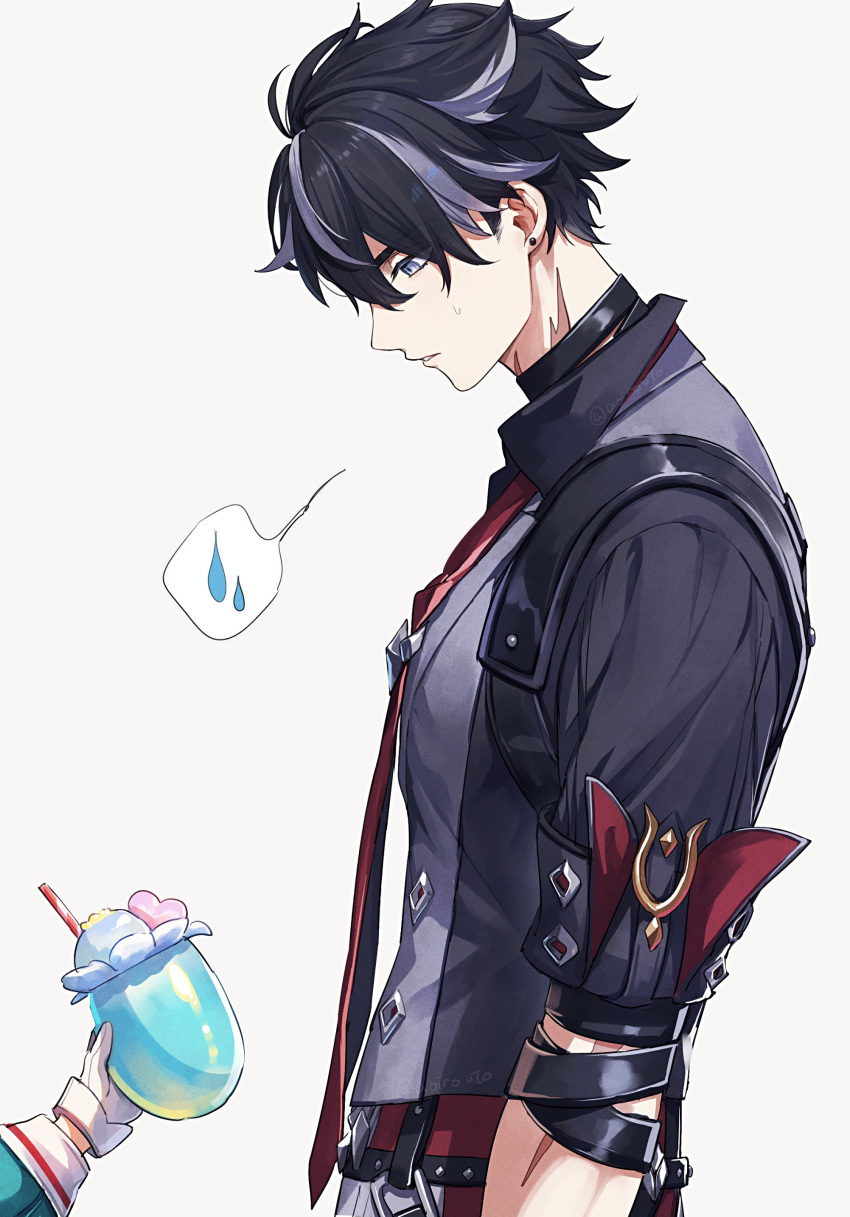1boy 1girl absurdres aoppoi_oto arm_up artist_name bandaged_arm bandaged_neck bandages black_hair black_shirt blue_eyes collared_shirt commentary_request cup drink drinking_straw earrings genshin_impact gloves grey_hair hair_between_eyes highres holding holding_cup holding_drink jewelry long_sleeves looking_down male_focus multicolored_hair necktie parted_lips profile red_necktie scar scar_on_arm scar_on_neck shirt short_hair short_sleeves sigewinne_(genshin_impact) simple_background solo_focus speech_bubble spoken_sweatdrop streaked_hair stud_earrings sweatdrop twitter_username white_background white_gloves wing_collar wriothesley_(genshin_impact)
