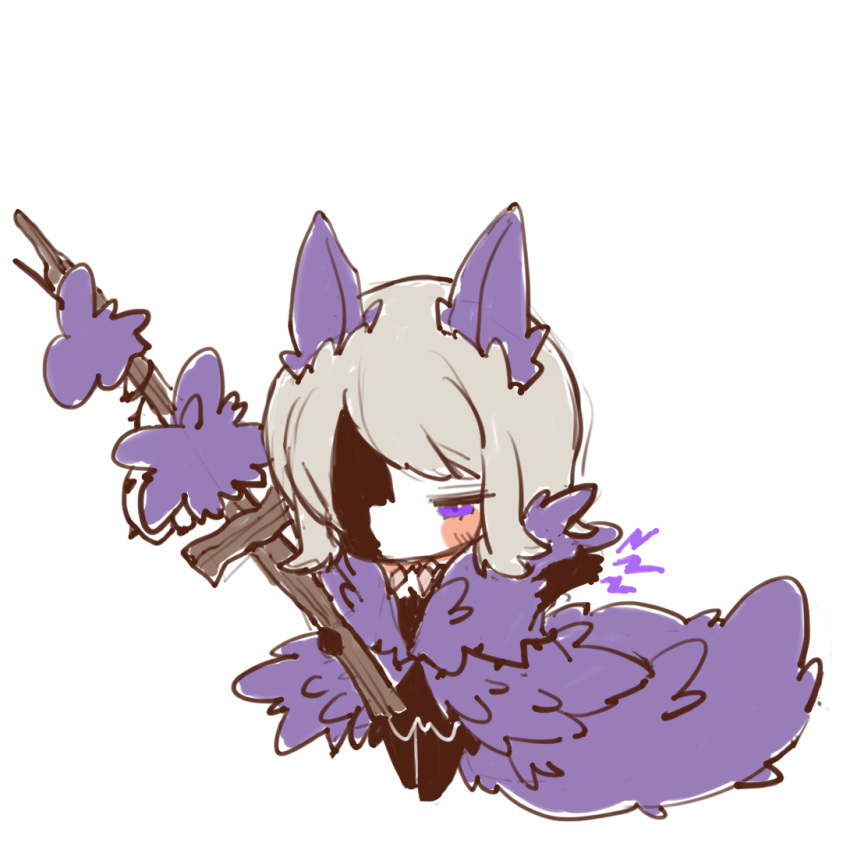 1girl barbed_wire black_dress chibi coat dress e.g.o_(project_moon) faust_(project_moon) holding limbus_company project_moon purple_coat short_hair solo tail uchimura_(rino0525) utility_pole violet_eyes white_hair wolf_boy wolf_tail