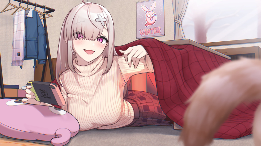 1girl absurdres ahoge breasts cushion eyes_visible_through_hair game_console grey_hair hair_ornament hair_over_one_eye handheld_game_console heater highres holding holding_handheld_game_console indoors kotatsu large_breasts long_hair long_sleeves looking_at_viewer lying mole mole_under_eye nijisanji nintendo_switch norinki_(ringknightsaki) on_stomach open_mouth pillow smile solo sukoya_kana table turtleneck under_kotatsu under_table violet_eyes virtual_youtuber x_hair_ornament