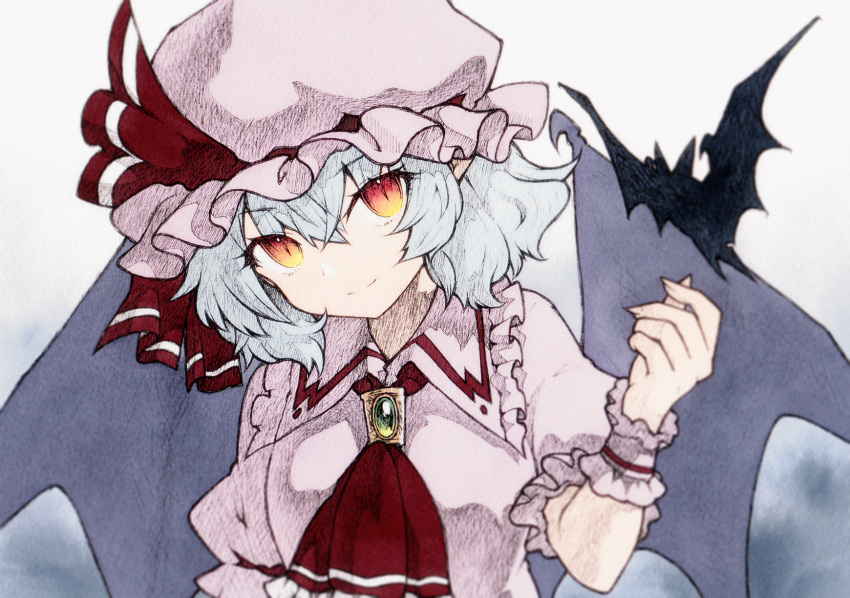 1girl ascot bat_(animal) bat_wings closed_mouth grey_background grey_hair hat hat_ribbon highres pink_headwear qqqrinkappp red_ascot red_eyes red_ribbon remilia_scarlet ribbon short_hair short_sleeves slit_pupils smile solo touhou upper_body wings wrist_cuffs