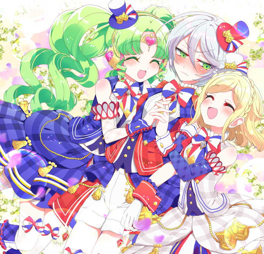 3girls :d ^_^ blonde_hair blue_headwear blue_jacket blue_skirt blush braid chain closed_eyes closed_mouth commentary_request crown_braid facing_another falulu forehead_jewel frown furrowed_brow green_eyes green_hair grey_hair hair_between_eyes hat headphones highres holding_hands idol_clothes jacket long_hair long_sleeves marueri midorikaze_fuwari mini_hat mini_top_hat multiple_girls open_mouth parted_bangs pretty_series pripara red_headwear red_jacket shikyoin_hibiki short_hair sidelocks skirt sleeveless sleeveless_jacket smile tassel top_hat twintails white_headwear white_jacket white_skirt wing_hair_ornament