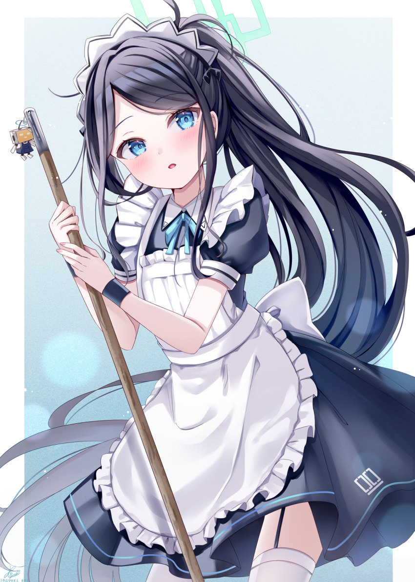 &lt;key&gt;_(robot)_(blue_archive) 1girl absurdly_long_hair apron aris_(blue_archive) aris_(maid)_(blue_archive) black_dress black_hair blue_archive blue_eyes blue_ribbon blush cowboy_shot dress fingernails frilled_apron frills green_halo halo highres long_hair looking_at_viewer maid maid_apron maid_headdress neck_ribbon official_alternate_costume open_mouth ponytail puffy_short_sleeves puffy_sleeves ribbon sakura_hiyori short_sleeves solo thigh-highs very_long_hair white_apron white_thighhighs