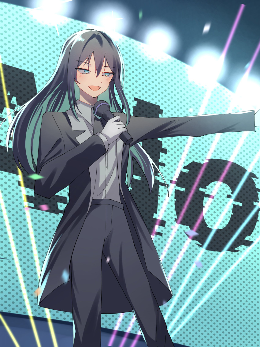 1girl absurdres ado_(utaite) black_bow black_bowtie black_coat black_hair black_pants blue_eyes blue_hair blush bow bowtie chando_(ado) character_name cloud_nine_inc coat collared_shirt colored_inner_hair commentary dress_shirt gloves grey_shirt hair_between_eyes highres holding holding_microphone long_hair long_sleeves microphone mole mole_under_eye multicolored_hair open_clothes open_coat open_mouth pants shirt sidelocks slit_pupils solo stage stage_lights tsukuno_tsuki two-tone_hair utaite white_gloves