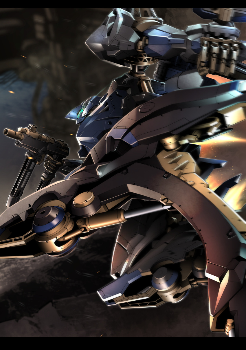 armored_core armored_core_6 ayato_mabu feet_out_of_frame glowing glowing_eyes green_eyes gun handgun highres holding holding_gun holding_weapon letterboxed light_trail mecha mecha_focus no_humans outdoors reverse-jointed_legs robot science_fiction steel_haze thrusters weapon