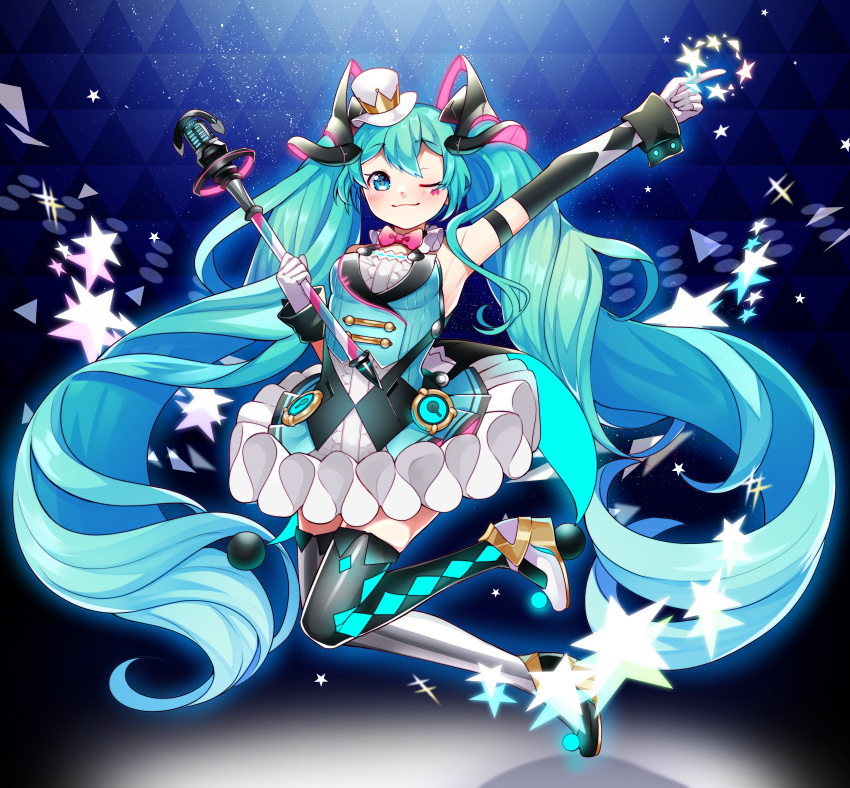 1girl :3 absurdres argyle_thighhighs arm_up asymmetrical_legwear blue_eyes blue_hair blush bow bowtie breasts diamond_facial_mark dress facial_mark full_body gloves hair_ornament hat hatsune_miku highres holding holding_wand layered_dress long_hair magical_mirai_miku magical_mirai_miku_(2019) masumofu microphone mini_hat mini_top_hat mismatched_legwear one_eye_closed sleeveless sleeveless_dress small_breasts smile solo star_(symbol) thigh-highs top_hat traditional_bowtie tutu very_long_hair vocaloid wand wrist_cuffs