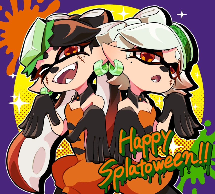 2girls :o ;d bare_shoulders black_gloves black_pantyhose bow-shaped_hair breasts callie_(splatoon) closed_mouth cousins cross-shaped_pupils detached_collar dress drop_shadow earrings facepaint fangs food food_on_head gloves gradient_hair grey_hair jewelry jumpsuit long_hair marie_(splatoon) mole mole_under_eye multicolored_hair multiple_girls object_on_head official_alternate_costume one_eye_closed open_mouth orange_dress orange_eyes orange_jumpsuit outline paint_splatter pantyhose pointy_ears redhead short_eyebrows short_hair short_jumpsuit small_breasts smile sparkle splatoon_(series) splatoon_3 strapless strapless_dress symbol-shaped_pupils teeth tentacle_hair teo_(teorekka) two-tone_hair white_outline