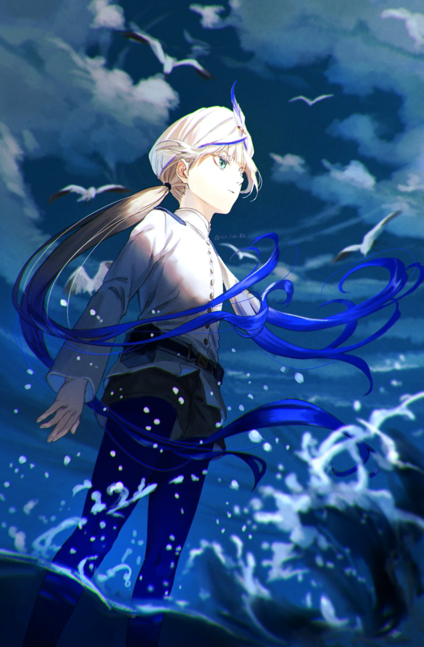 1boy arms_at_sides asa_tuki_893 belt bird black_shorts blonde_hair blue_eyes blue_hair blue_pantyhose blue_sky blunt_bangs captain_nemo_(fate) closed_mouth clouds cloudy_sky dutch_angle expressionless fate/grand_order fate_(series) feet_out_of_frame floating_hair from_below gradient_hair hat_feather highres jacket long_hair looking_ahead low_twintails male_focus multicolored_hair nemo_(fate) ocean outdoors pantyhose pantyhose_under_shorts sea_spray seagull shade short_shorts shorts sidelocks sky solo standing turban twintails twitter_username very_long_hair wading waves white_headwear white_jacket