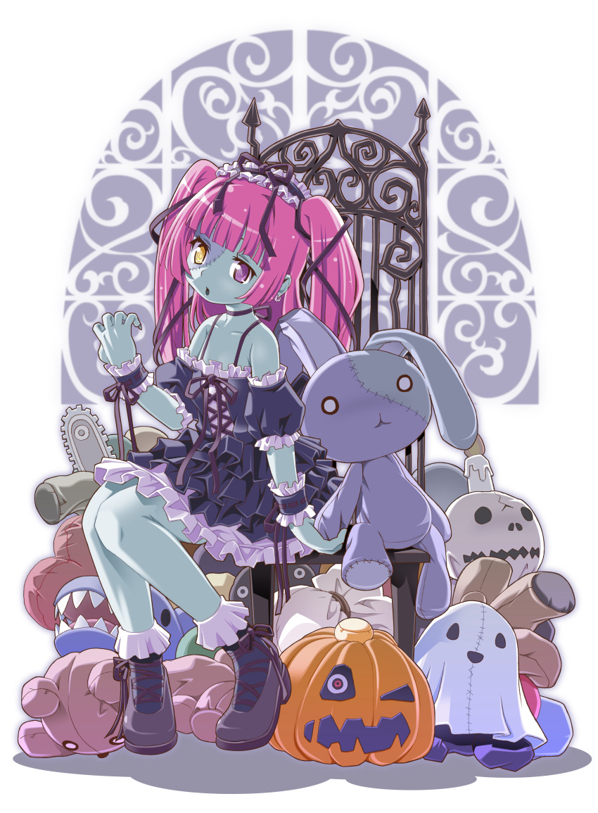 1girl absurdres bear black_dress candle chainsaw chair colored_skin commission dress ghost green_skin headdress heterochromia highres jack-o'-lantern original pink_hair rabbit red_ribbon ribbon shark shoes sitting skeb_commission solo stained_glass stitched_face stitches stuffed_animal stuffed_toy toromi_(toromix2) twintails violet_eyes yellow_eyes zombie