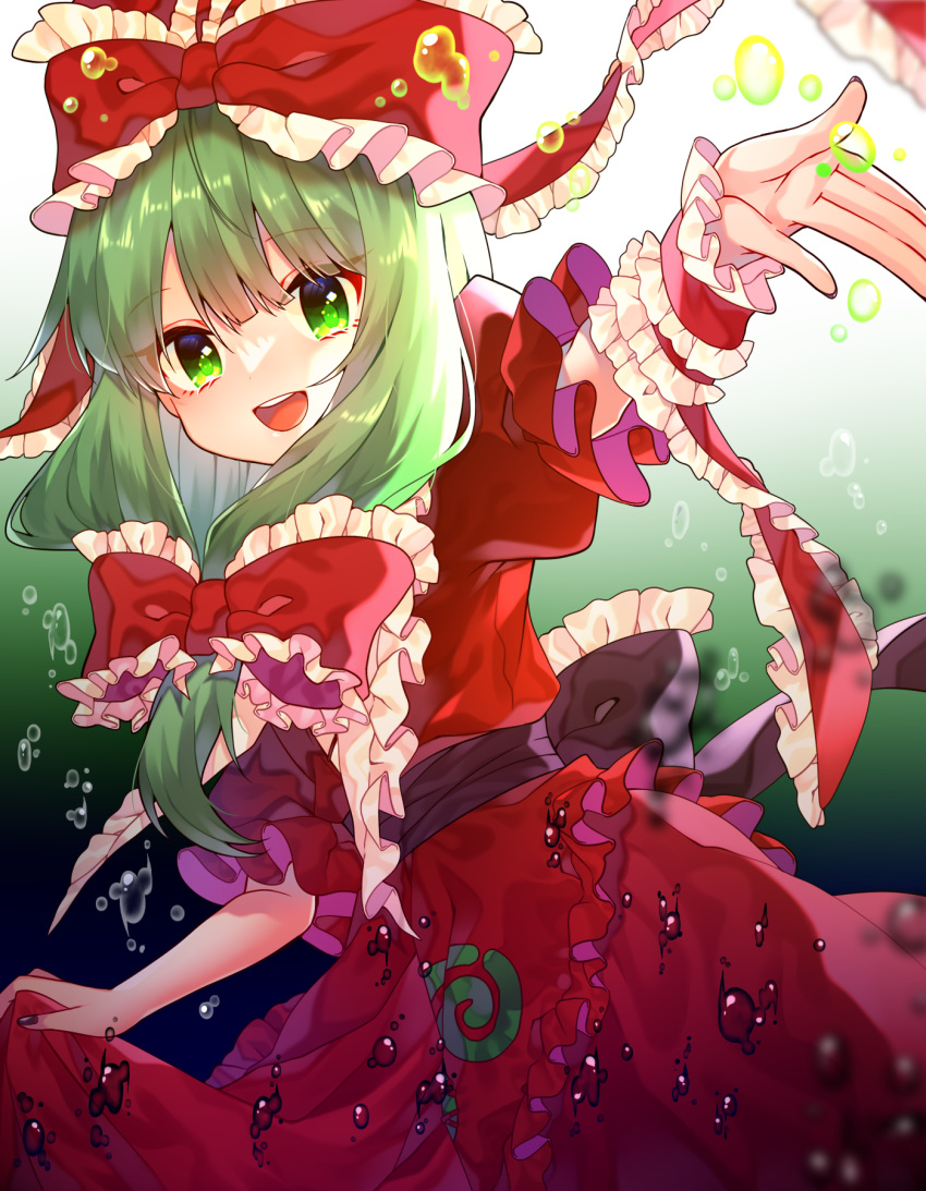 1girl arm_ribbon bow commission dress frilled_bow frilled_ribbon frills front_ponytail gradient_background green_eyes green_hair hair_bow hair_ribbon highres kagiyama_hina lifted_by_self looking_at_viewer open_mouth puffy_short_sleeves puffy_sleeves red_dress red_ribbon renka_(sutegoma25) ribbon short_sleeves skeb_commission smile solo teeth touhou upper_teeth_only