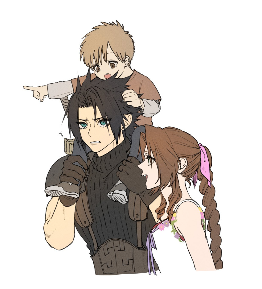 1girl 2boys aerith_gainsborough ah_yoshimizu annoyed armor belt black_footwear black_hair blue_eyes blue_pants brown_eyes brown_gloves brown_hair carrying child clenched_teeth commentary crisis_core_final_fantasy_vii cropped_torso curly_hair dress facing_to_the_side final_fantasy final_fantasy_vii flat_color furrowed_brow gloves hair_ribbon hand_in_another's_hair hand_on_another's_leg happy highres layered_sleeves long_hair looking_at_another multiple_boys open_mouth pants parted_bangs pauldrons pink_ribbon pointing pointing_to_the_side purple_ribbon ribbon shoes short_hair shoulder_armor shoulder_carry simple_background sleeveless sleeveless_turtleneck smile spaghetti_strap spiky_hair suspenders sweatdrop sword sword_on_back teeth turtleneck upper_body weapon weapon_on_back white_background white_dress zack_fair