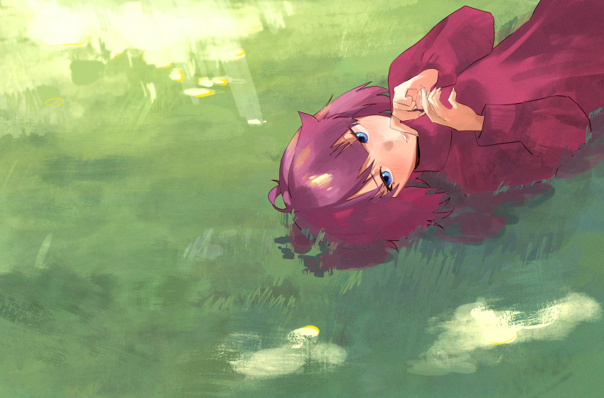 1girl absurdres ahoge alternate_costume blue_eyes blush commentary day eyelashes finger_to_mouth grass hands_up highres jeiijuu long_hair long_sleeves looking_at_viewer lying monogatari_(series) on_back on_ground outdoors own_hands_together parted_lips purple_sweater senjougahara_hitagi shadow solo sweater