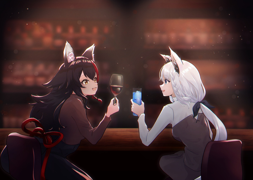 2girls absurdres ahoge animal_ear_fluff animal_ears bar_(place) black_bow black_dress black_hair blurry blurry_background bow braid cocktail commentary_request cup dress drinking_glass earrings fox_ears fox_girl green_eyes hair_between_eyes hair_bow highres holding holding_cup hololive jewelry ku_zam long_hair looking_at_another multiple_girls ookami_mio open_mouth redhead shirakami_fubuki shirt sidelocks single_braid sitting toasting_(gesture) virtual_youtuber white_hair white_shirt wine_glass wolf_ears wolf_girl yellow_eyes