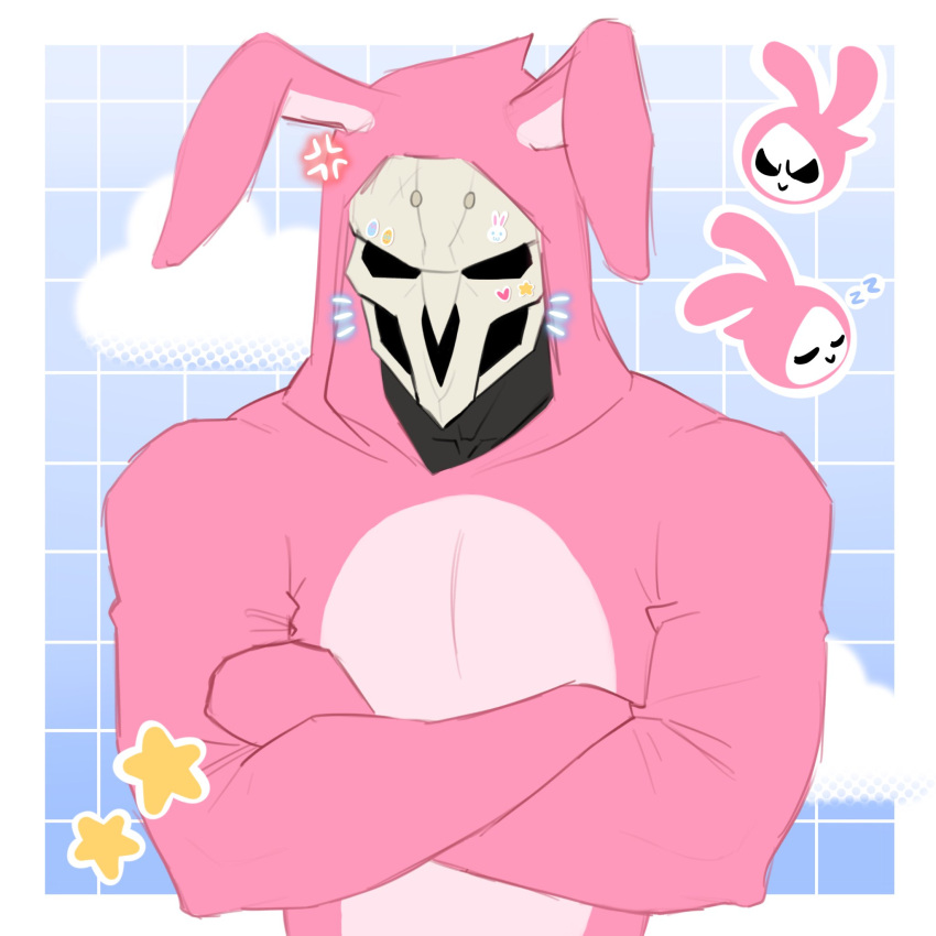 1boy animal_hood annoyed can't_be_this_cute croisseeto crossed_arms highres hood hoodie mask mask_on_head pink_hoodie rabbit_hood reaper_(overwatch)