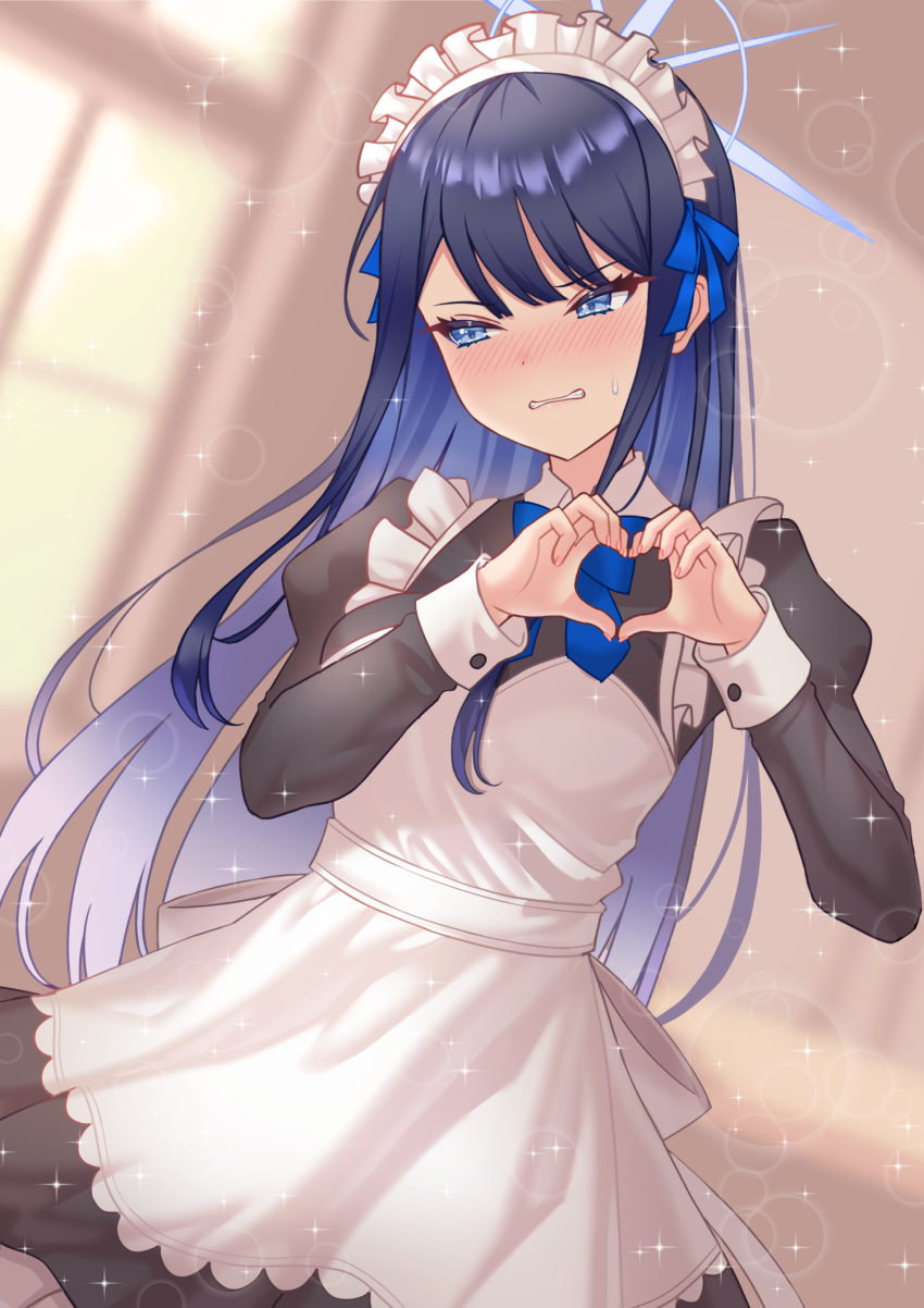 1girl alternate_costume apron black_dress black_hair blue_archive blue_hair blue_halo blush colored_inner_hair dress enmaided halo heart heart_hands highres juliet_sleeves long_hair long_sleeves looking_at_viewer maid maid_apron maid_headdress multicolored_hair open_mouth puffy_sleeves saori_(blue_archive) solo sparkle usamaru67pi white_apron