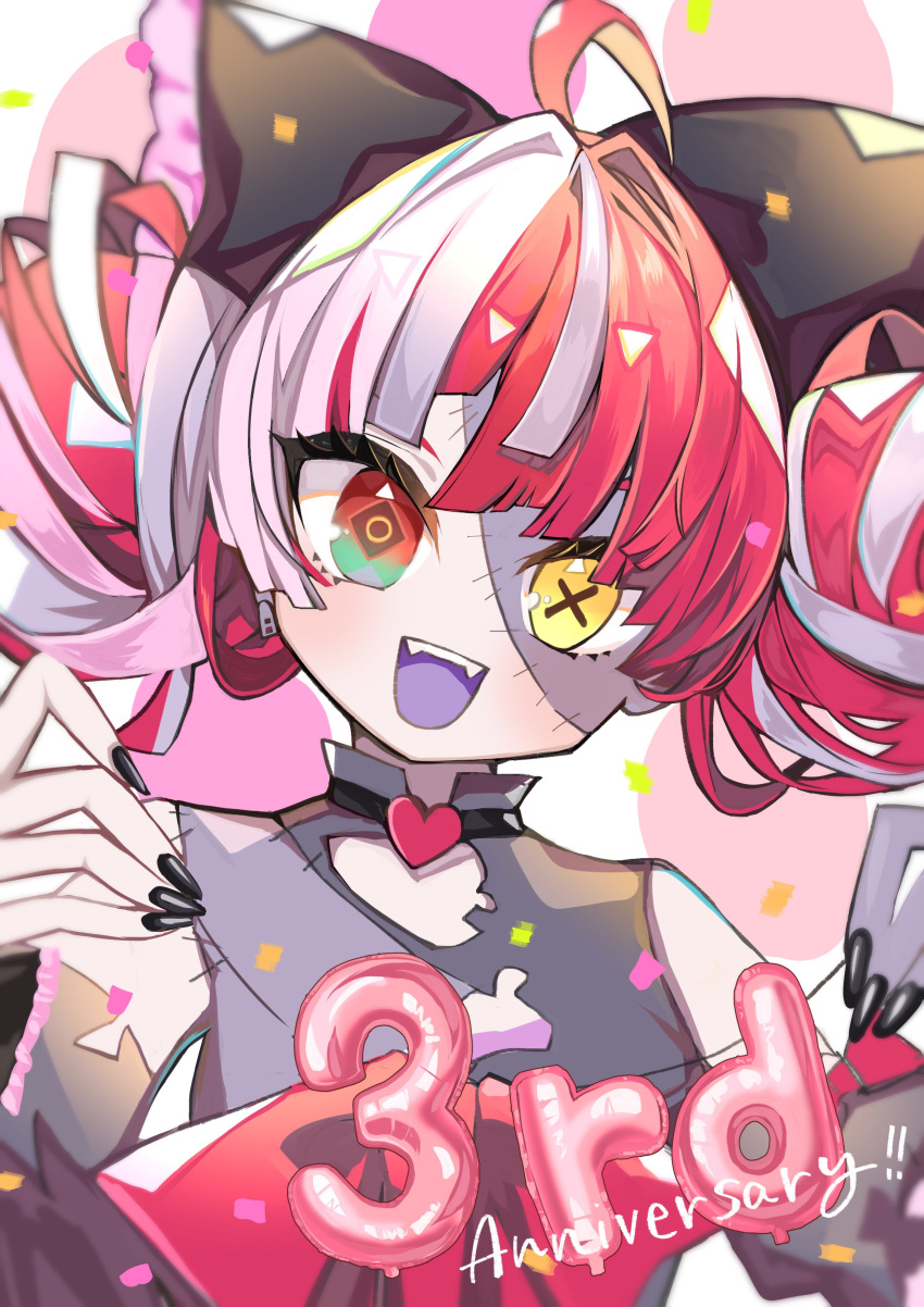 1girl absurdres ahoge anniversary black_bow black_nails bow colored_skin double_bun earrings fangs grey_skin hair_bun harunohotaru heterochromia highres hololive hololive_indonesia jewelry kureiji_ollie looking_at_viewer open_mouth patchwork_skin redhead single_earring smile solo upper_body virtual_youtuber