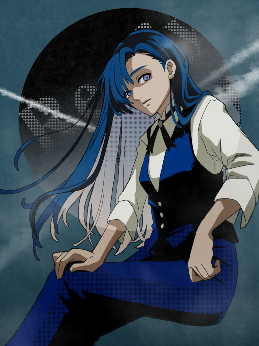 1girl ado_(utaite) arm_at_side asymmetrical_bangs blue_eyes blue_hair blue_pants blue_vest closed_mouth cowboy_shot expressionless feet_out_of_frame formal from_side hair_over_one_eye halftone_texture hand_on_own_knee highres hisui_(38b_48b) invisible_chair long_hair looking_at_viewer merry_(readymade) pants parted_lips readymade shirt sitting solo song_name vest violet_eyes white_shirt