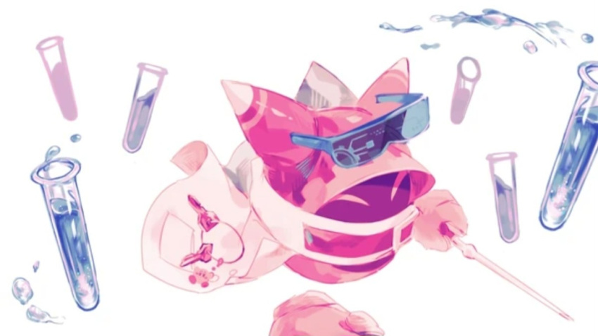 1boy animal_ears cape closed_eyes key kirby_(series) magolor rby_tea solo test_tube white_background white_coat yellow_gloves