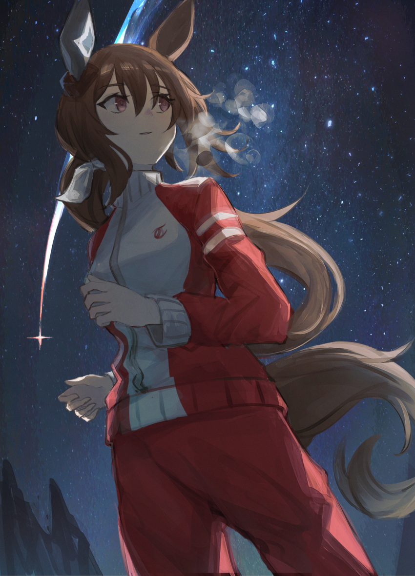1girl admire_vega_(umamusume) animal_ears brown_hair closed_mouth commentary_request cowboy_shot ear_covers hair_between_eyes highres horse_ears horse_girl horse_tail jacket long_hair long_sleeves night night_sky outdoors pants ponytail red_jacket red_pants running shooting_star siena_(moratoriummaga) single_ear_cover sky solo star_(sky) starry_sky tail tracen_training_uniform track_jacket track_pants umamusume violet_eyes visible_air
