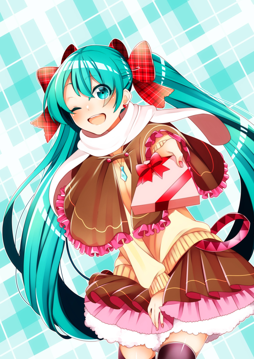 1girl absurdres blue_eyes blue_hair blush bow capelet earrings frilled_capelet frills gift hair_bow hatsune_miku heart heart_earrings highres holding holding_gift jewelry layered_skirt long_hair long_sleeves masumofu nail_polish necklace one_eye_closed open_mouth plaid plaid_background plaid_bow reaching reaching_towards_viewer scarf skirt smile solo sweater thigh-highs valentine very_long_hair vocaloid