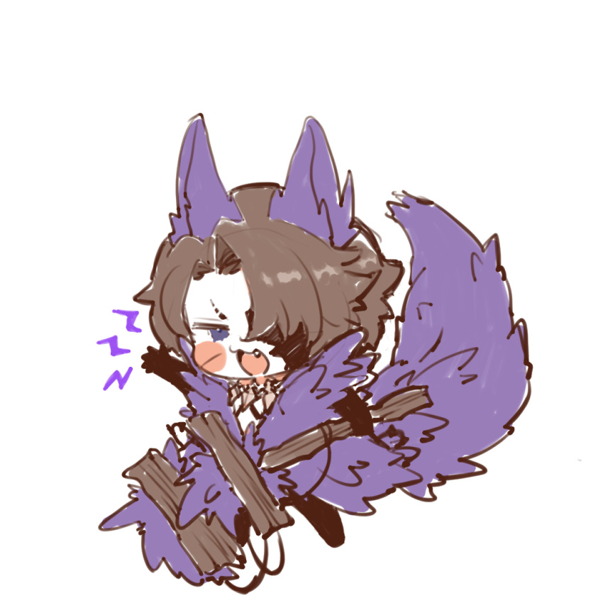 1boy :3 animal_ears arm_up black_gloves brown_hair chibi coat e.g.o_(project_moon) fangs gloves heathcliff_(project_moon) holding jewelry limbus_company necklace open_mouth project_moon purple_coat smile solo tail tooth_necklace uchimura_(rino0525) utility_pole violet_eyes wolf_ears wolf_tail