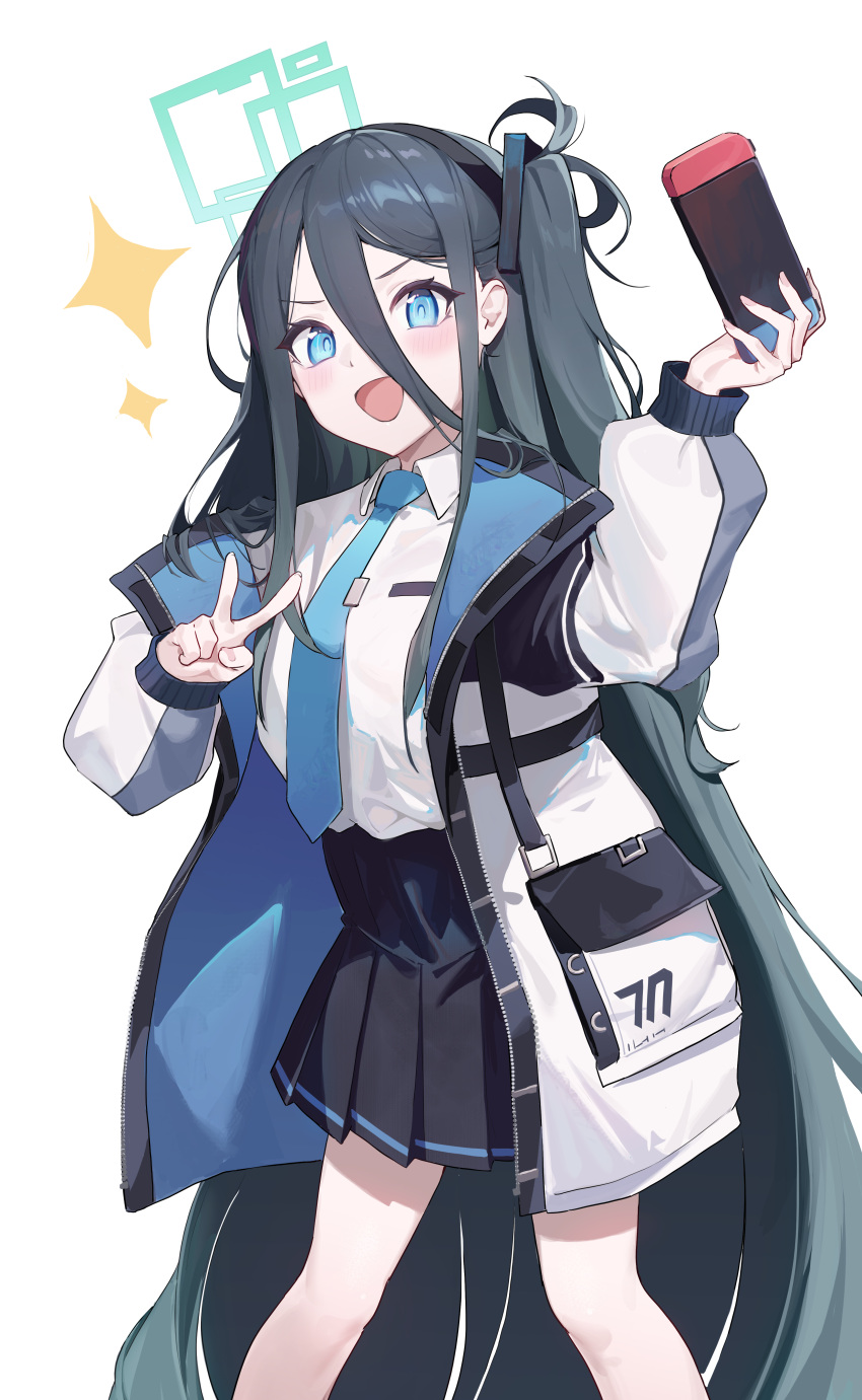 1girl absurdly_long_hair absurdres aris_(blue_archive) black_hair black_hairband black_skirt blue_archive blue_eyes blue_necktie blush collared_shirt feet_out_of_frame green_halo hairband halo handheld_game_console highres holding holding_handheld_game_console jacket long_hair long_sleeves looking_at_viewer necktie nintendo_switch one_side_up open_clothes open_jacket open_mouth pleated_skirt shirt skirt smile solo suye two-sided_fabric two-sided_jacket v very_long_hair white_jacket white_shirt