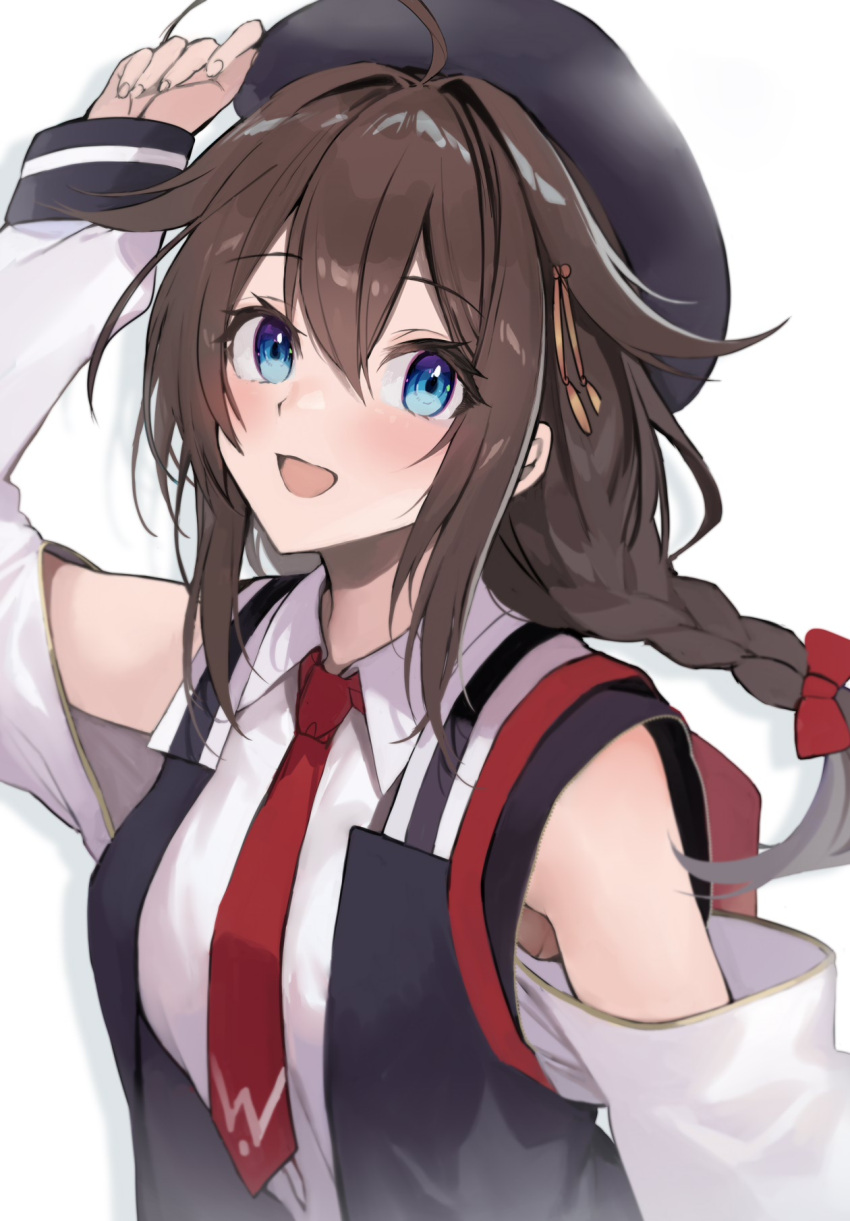 1girl ahoge arm_up backpack bag bare_shoulders beret blue_eyes blush bow braid brown_hair collared_shirt detached_sleeves hair_between_eyes hair_bow hair_flaps hat highres kantai_collection long_hair looking_at_viewer necktie official_alternate_costume open_clothes open_mouth open_vest picoli1313 red_bow red_necktie shigure_(kancolle) shigure_kai_ni_(kancolle) shirt single_braid solo upper_body vest white_background white_shirt