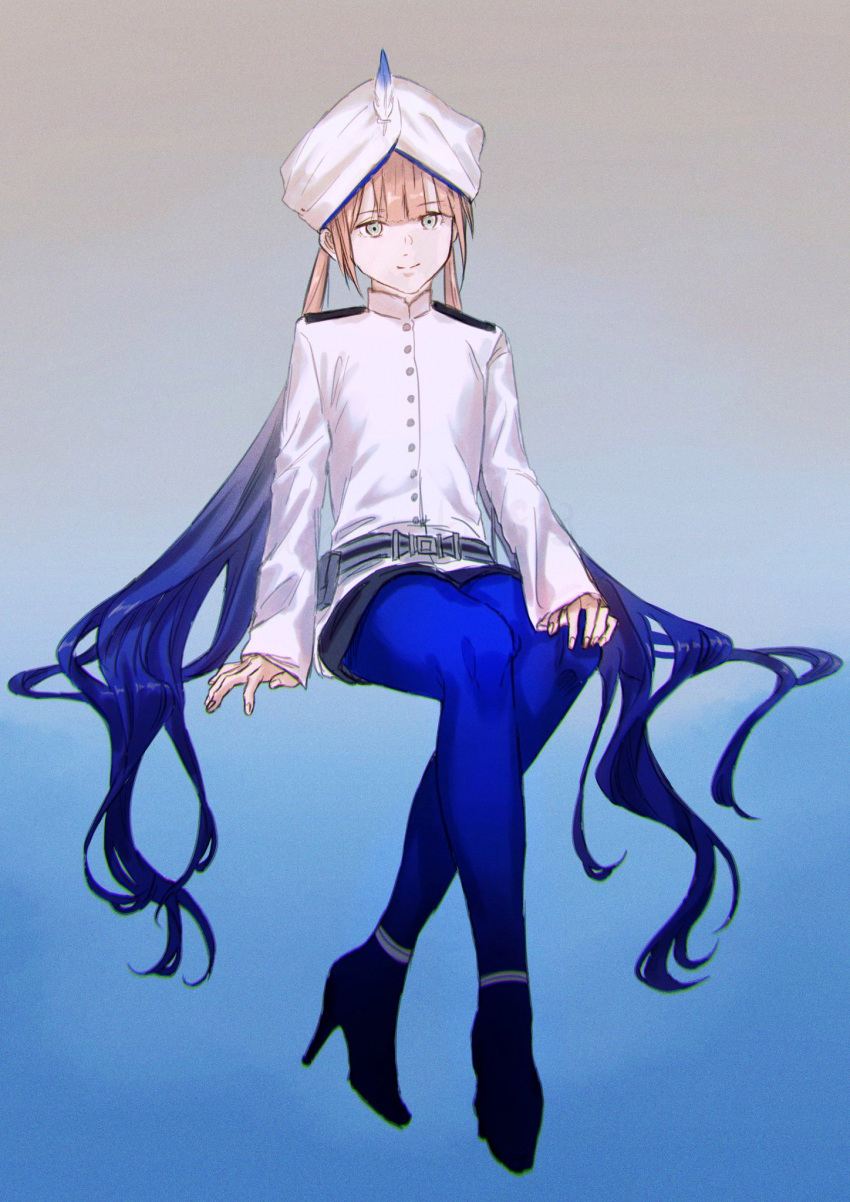 1boy arm_support asa_tuki_893 belt belt_pouch black_footwear blue_background blue_eyes blue_hair blue_pantyhose blunt_bangs captain_nemo_(fate) closed_mouth crossed_legs fate/grand_order fate_(series) full_body gradient_background gradient_hair hair_flowing_over hand_on_own_knee hat_feather head_tilt high_heels highres invisible_chair jacket long_hair long_sleeves looking_at_viewer male_focus multicolored_hair nemo_(fate) pantyhose pantyhose_under_shorts pouch shorts sitting smile solo turban very_long_hair white_headwear white_jacket