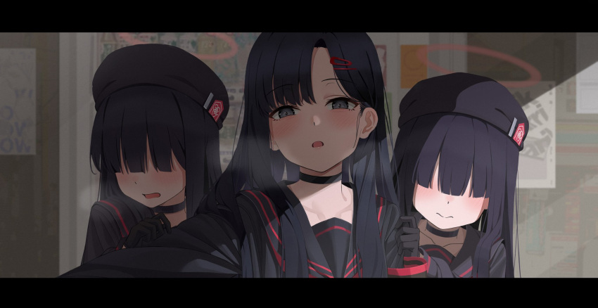 3girls beret black_gloves black_hair blue_archive blunt_bangs blush choker collarbone gloves grey_eyes hair_ornament hairclip halo hat heavy_breathing hiding hiding_behind_another highres ichika_(blue_archive) justice_task_force_member_(blue_archive) long_hair looking_at_viewer muina multiple_girls open_mouth sailor_collar school_uniform serafuku very_long_hair