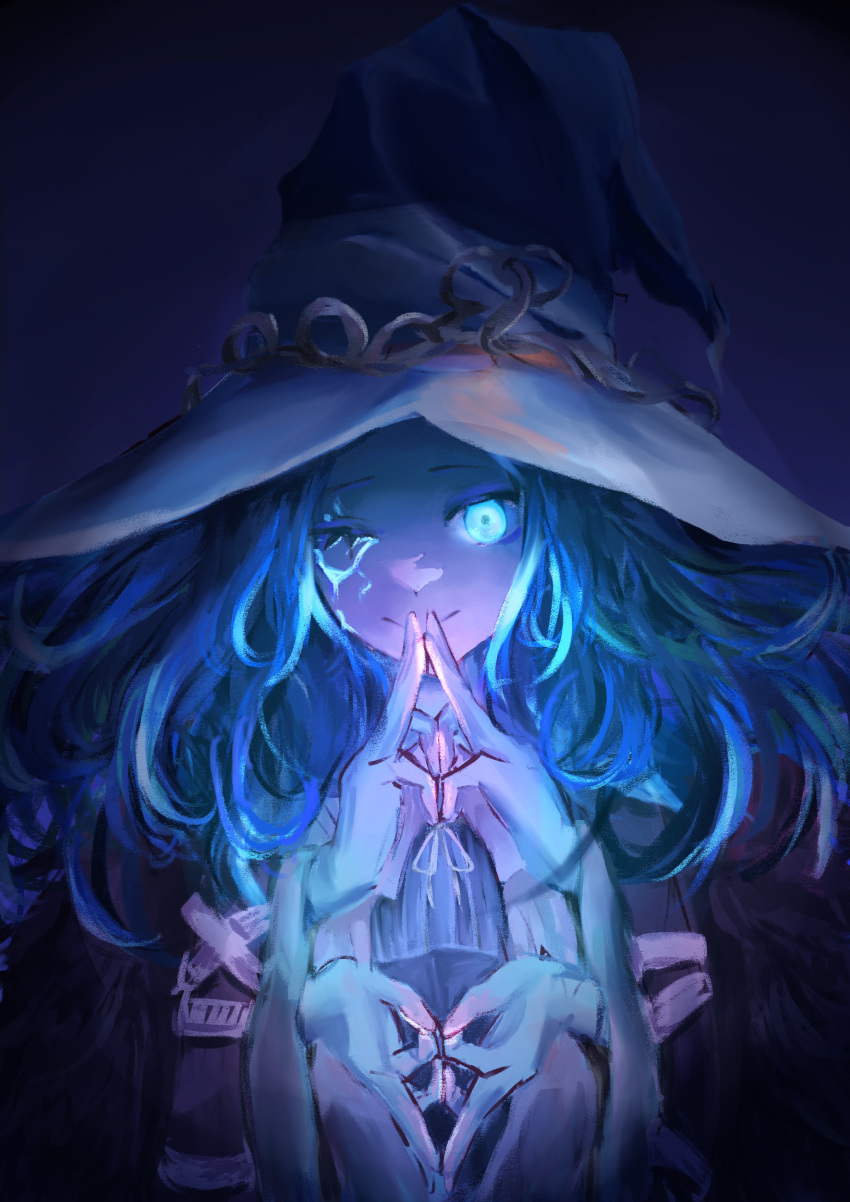 1girl absurdres blue_eyes blue_hair blue_skin cape closed_mouth colored_skin commentary elden_ring extra_arms facial_tattoo fur_cape glowing_tattoo hat hat_ornament highres jujutsu_kaisen kabujinuo long_hair looking_at_viewer one_eye_closed ranni_the_witch ryoumen_sukuna_(jujutsu_kaisen) simple_background smile solo tattoo upper_body wavy_hair witch_hat