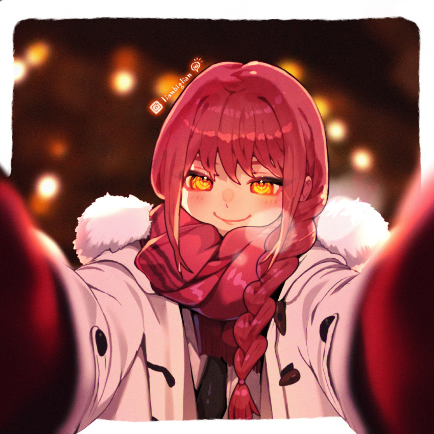 1girl black_necktie blurry blurry_background blush braid braided_ponytail chainsaw_man closed_mouth commentary depth_of_field english_commentary fur_trim gloves highres jacket lianbiglian long_sleeves looking_at_viewer makima_(chainsaw_man) meme necktie pov pov_cheek_warming_(meme) red_gloves red_scarf redhead ringed_eyes scarf sidelocks smile solo white_background yellow_eyes