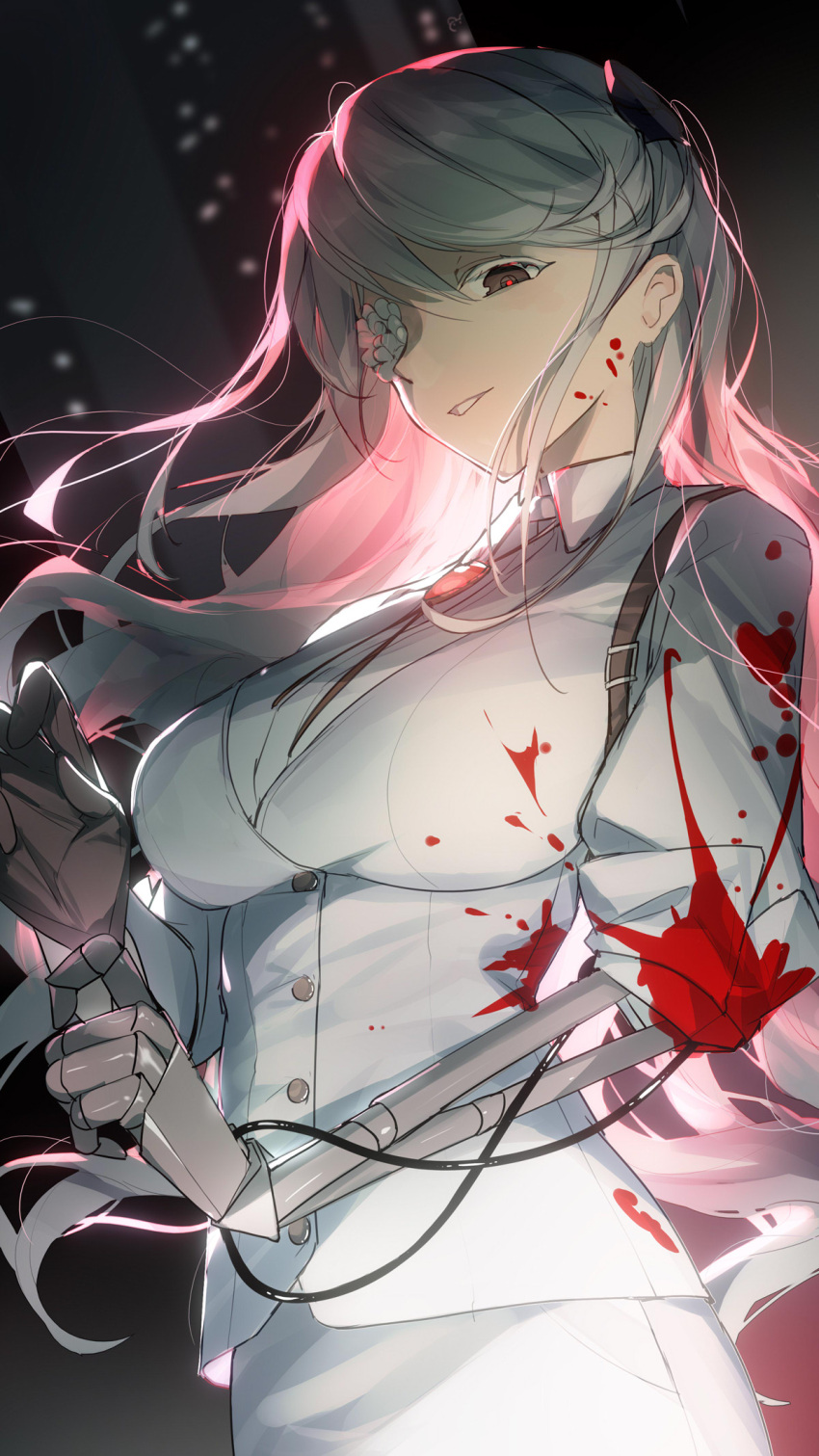 bison_cangshu black_gloves blood blood_on_clothes blurry breasts cyborg flower flower_over_eye gloves grey_hair grin highres large_breasts long_hair looking_at_viewer mechanical_arms original prosthesis red_pupils shirt smile upper_body white_shirt