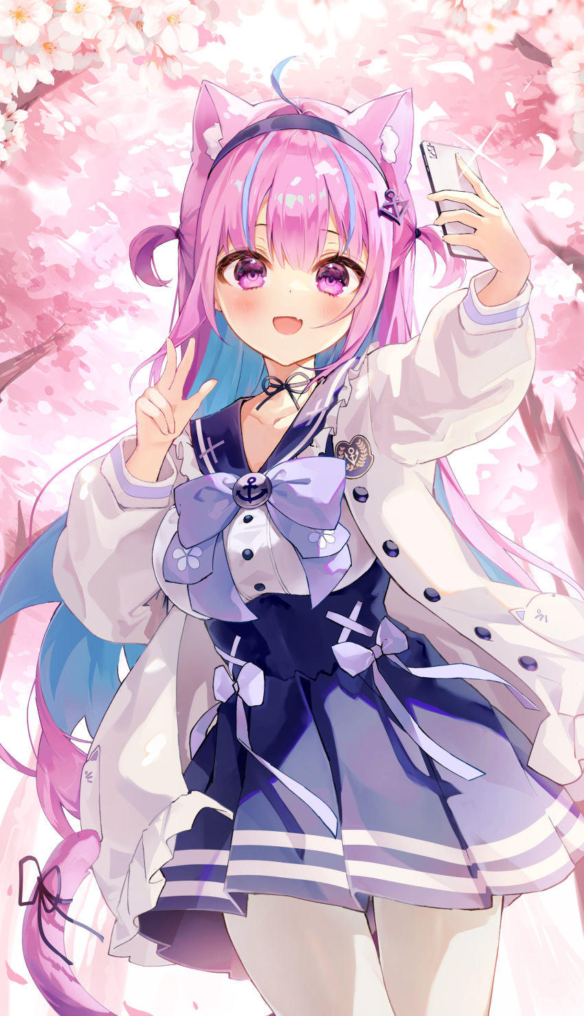 1girl absurdres anchor_hair_ornament anchor_symbol animal_ear_fluff animal_ears blue_bow blue_hair blue_hairband blush bow breasts cat_ears cat_tail cellphone cherry_blossoms colored_inner_hair cowlick frilled_sailor_collar frills hair_ornament hairband highres holding holding_phone hololive iop5509 large_breasts long_sleeves minato_aqua minato_aqua_(sailor) multicolored_hair open_mouth phone pink_hair pleated_skirt sailor_collar selfie short_twintails skirt solo streaked_hair tail twintails two-tone_hair unbuttoned v violet_eyes