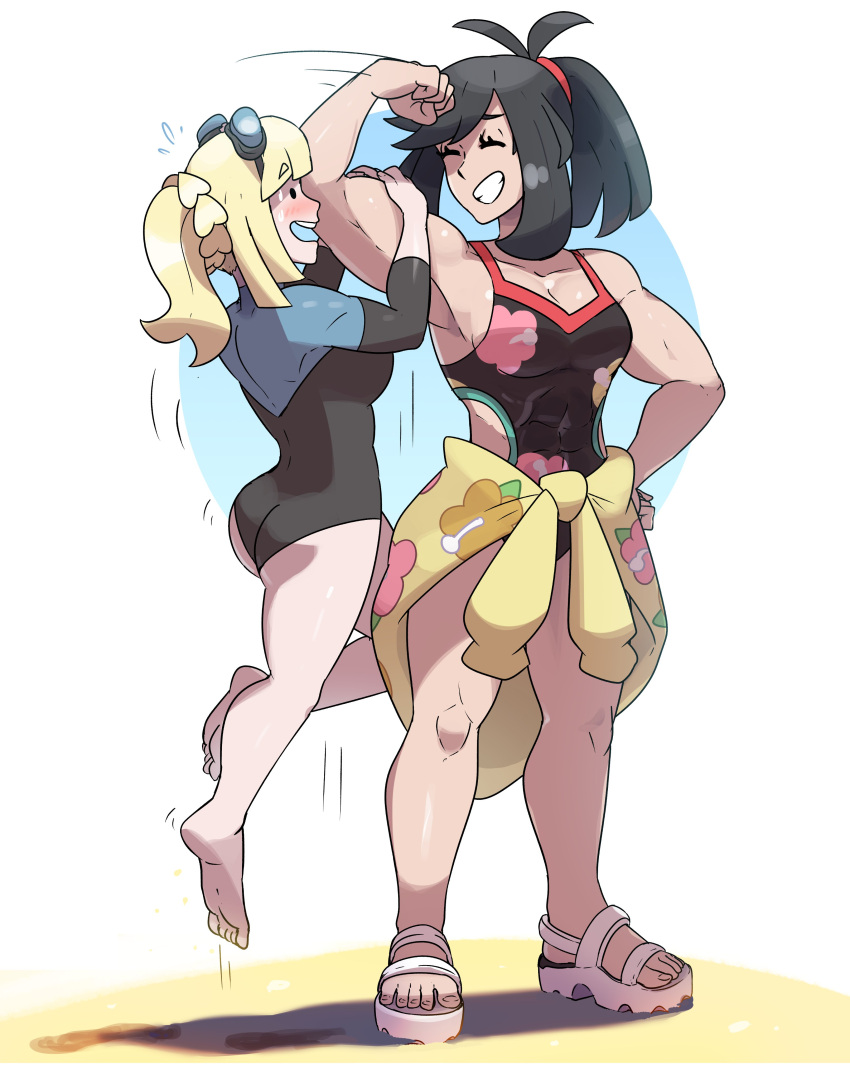 abs absurdres aged_up alternate_muscle_size black_hair blonde_hair flexing highres juno_son lillie_(pokemon) muscular muscular_female pokemon selene_(pokemon) swimsuit thick_thighs thighs