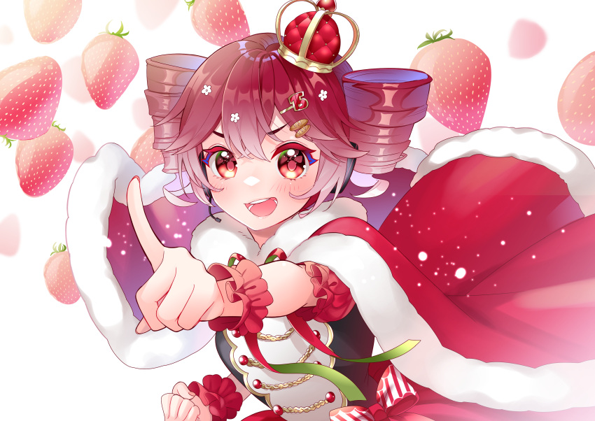 1girl absurdres aiguillette blush bow bread_hair_ornament cape clenched_hand commentary crown dress drill_hair food food-themed_hair_ornament fruit fur-trimmed_cape fur_trim hair_ornament hairclip headphones headset highres kasane_teto masumofu mini_crown open_mouth pointing pointing_at_viewer red_eyes redhead short_sleeves smile solo strawberry striped striped_bow symbol-only_commentary twin_drills utau v-shaped_eyebrows wrist_cuffs