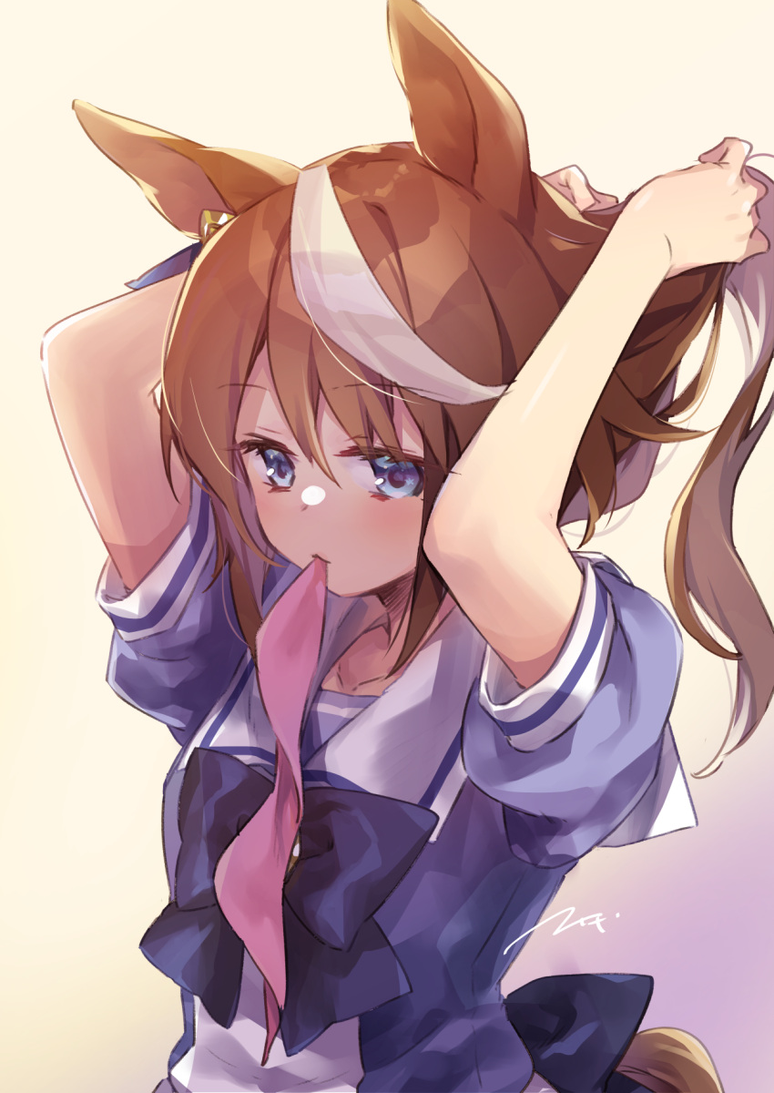adjusting_hair animal_ears arms_up blue_eyes bow brown_hair commentary_request ear_ornament ech highres horse_ears horse_girl horse_tail light_blush mouth_hold pink_bow ponytail puffy_short_sleeves puffy_sleeves purple_bow purple_shirt sailor_collar school_uniform shirt short_sleeves simple_background tail tokai_teio_(umamusume) tracen_school_uniform umamusume upper_body white_background
