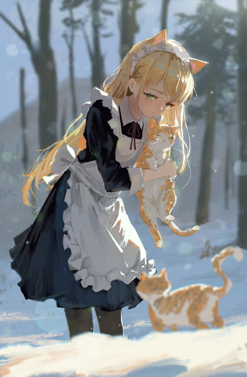 1girl absurdres animal animal_ears apron black_dress black_pantyhose blonde_hair cat cat_ears collared_dress commentary_request dress highres holding holding_animal holding_cat kh4c long_hair maid maid_apron maid_headdress neck_ribbon original pantyhose red_ribbon ribbon snow white_apron winter yellow_eyes