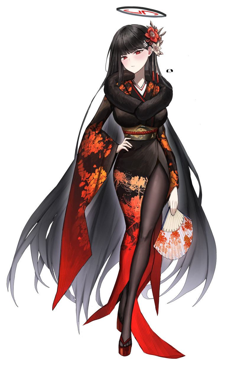1girl absurdres bad_anatomy bad_arm black_hair black_kimono black_pantyhose blue_archive closed_mouth flower folding_fan full_body hair_flower hair_ornament hairpin halo hand_fan hand_on_own_hip highres holding holding_fan japanese_clothes kimono kuren_kren long_hair long_sleeves looking_at_viewer obi okobo pantyhose red_eyes red_flower rio_(blue_archive) sandals sash simple_background solo very_long_hair white_background white_flower wide_sleeves