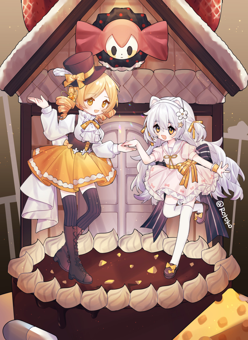 2girls :d animal_ears blonde_hair boots breasts brown_footwear brown_thighhighs cake charlotte_(madoka_magica) cheese chocolate_cake drill_hair fake_animal_ears flower food gingerbread_house hair_flower hair_ornament hair_ribbon hat hat_feather highres knee_boots long_hair mahou_shoujo_madoka_magica mahou_shoujo_madoka_magica:_hangyaku_no_monogatari mahou_shoujo_madoka_magica_(anime) momoe_nagisa multiple_girls neck_ribbon pill ribbon roro_(lolo) sailor_collar single_wrist_cuff smile standing standing_on_one_leg striped striped_thighhighs thigh-highs tomoe_mami top_hat twin_drills very_long_hair white_hair white_sailor_collar white_thighhighs wrist_cuffs yellow_eyes yellow_ribbon