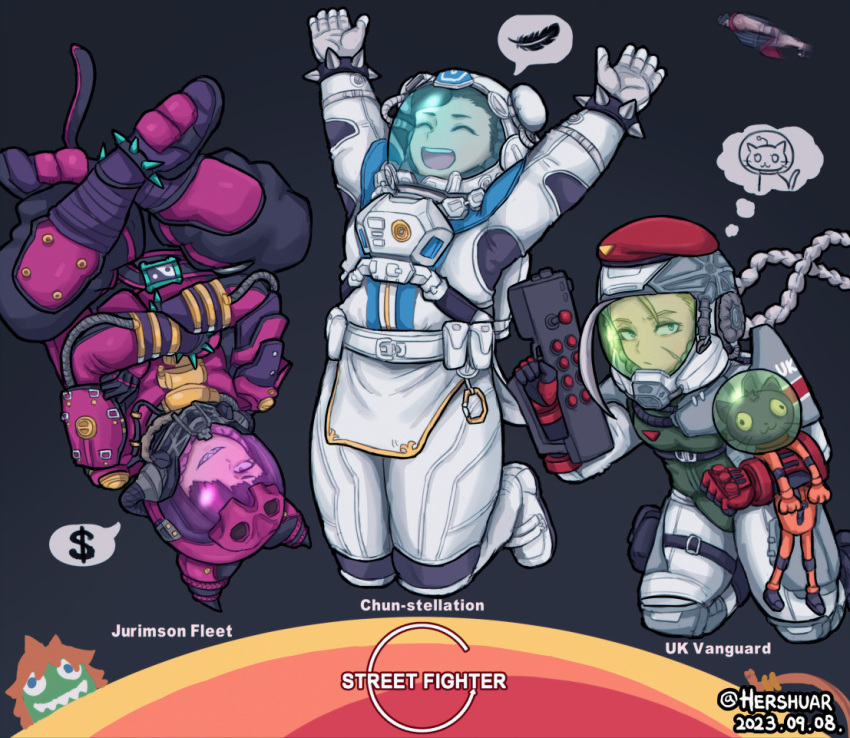 3girls arms_up astronaut beret black_hair blonde_hair blue_eyes bracelet bun_cover cammy_white cat_tail chun-li commentary crossed_arms english_commentary eyepatch fake_tail grin gun hair_horns han_juri hat helmet hershuar holding holding_gun holding_weapon jewelry multiple_girls open_mouth red_headwear scar scar_on_cheek scar_on_face sharp_teeth smile space_helmet spacecraft spacesuit spiked_anklet spiked_bracelet spikes spoken_object starfield street_fighter street_fighter_6 tail teeth upside-down weapon