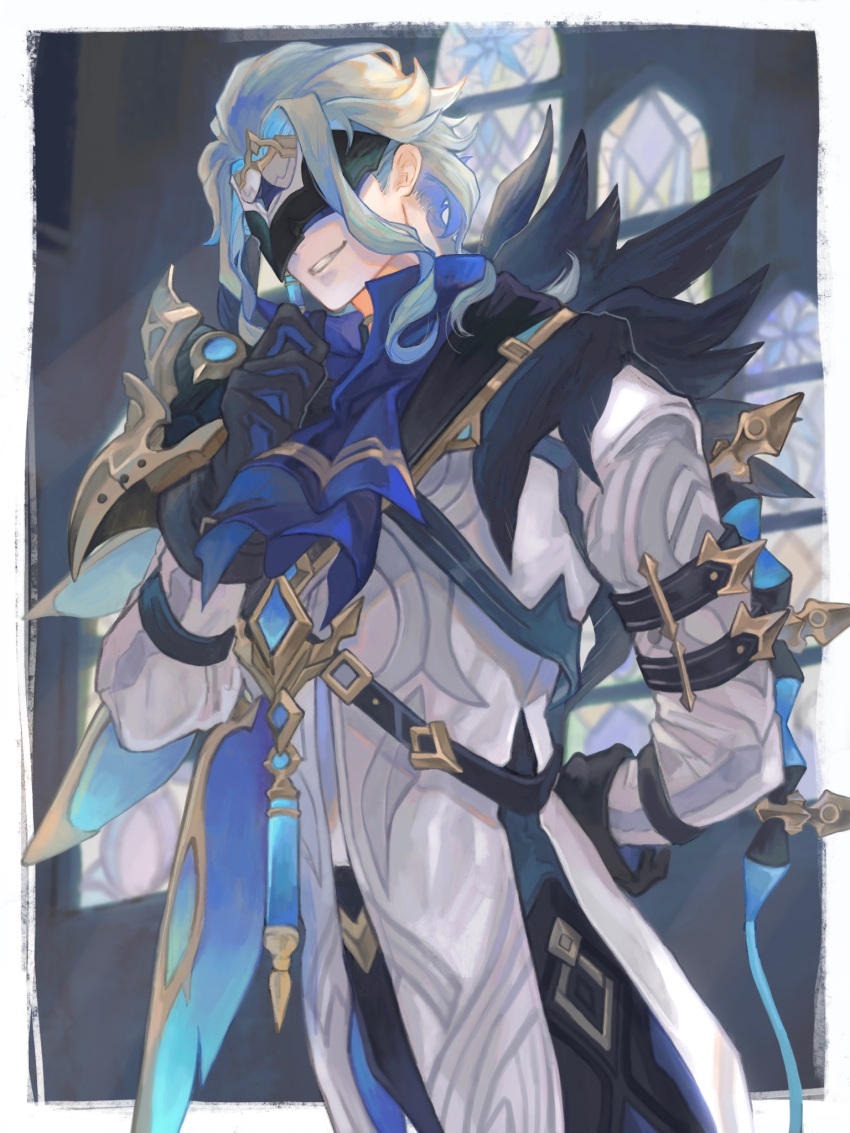 1boy arm_behind_back ascot black_gloves black_pants blue_ascot blue_cape blue_gloves blue_hair border cape coat commentary_request covered_eyes cowboy_shot dottore_(genshin_impact) earrings eye_mask fur-trimmed_cape fur_trim genshin_impact gloves grin hand_up highres indoors jewelry long_sleeves male_focus mask mumu_vosp outside_border pants short_hair sidelocks single_earring smile solo stained_glass standing teeth two-tone_gloves white_border white_coat window