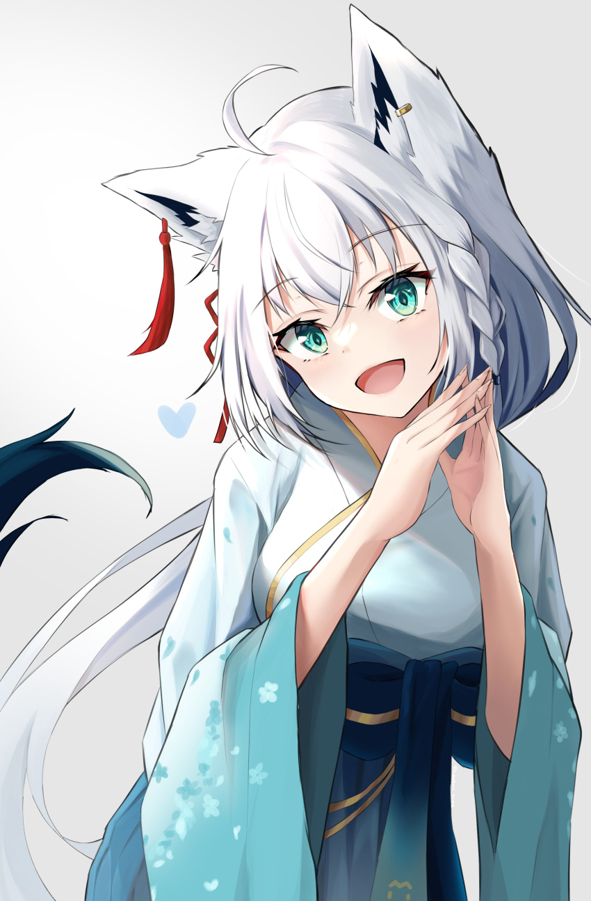 1girl absurdres ahoge animal_ear_fluff animal_ears blue_kimono braid commentary_request earrings fox_ears fox_girl fox_tail green_eyes hair_between_eyes hair_ornament heart highres hololive japanese_clothes jewelry kimono long_hair looking_at_viewer open_mouth own_hands_together revision shirakami_fubuki shirakami_fubuki_(new_year) sidelocks simple_background single_braid smile solo tail unknown_(riseillustrator) virtual_youtuber white_background white_hair white_kimono