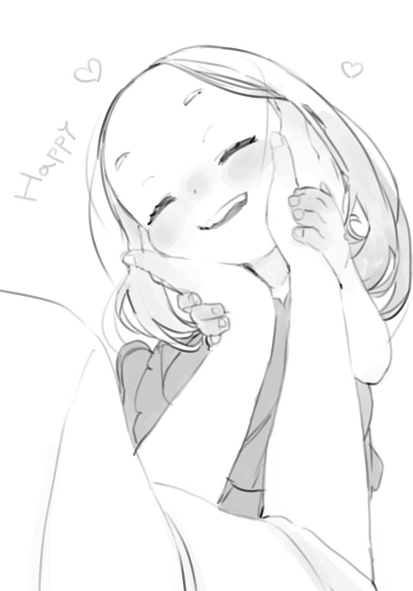 1girl 1other blush closed_eyes forehead greyscale hands_on_another's_cheeks hands_on_another's_face happy heart highres holding_hands long_hair monochrome open_mouth original parted_bangs ryo_chimo short_eyebrows sketch smile solo_focus
