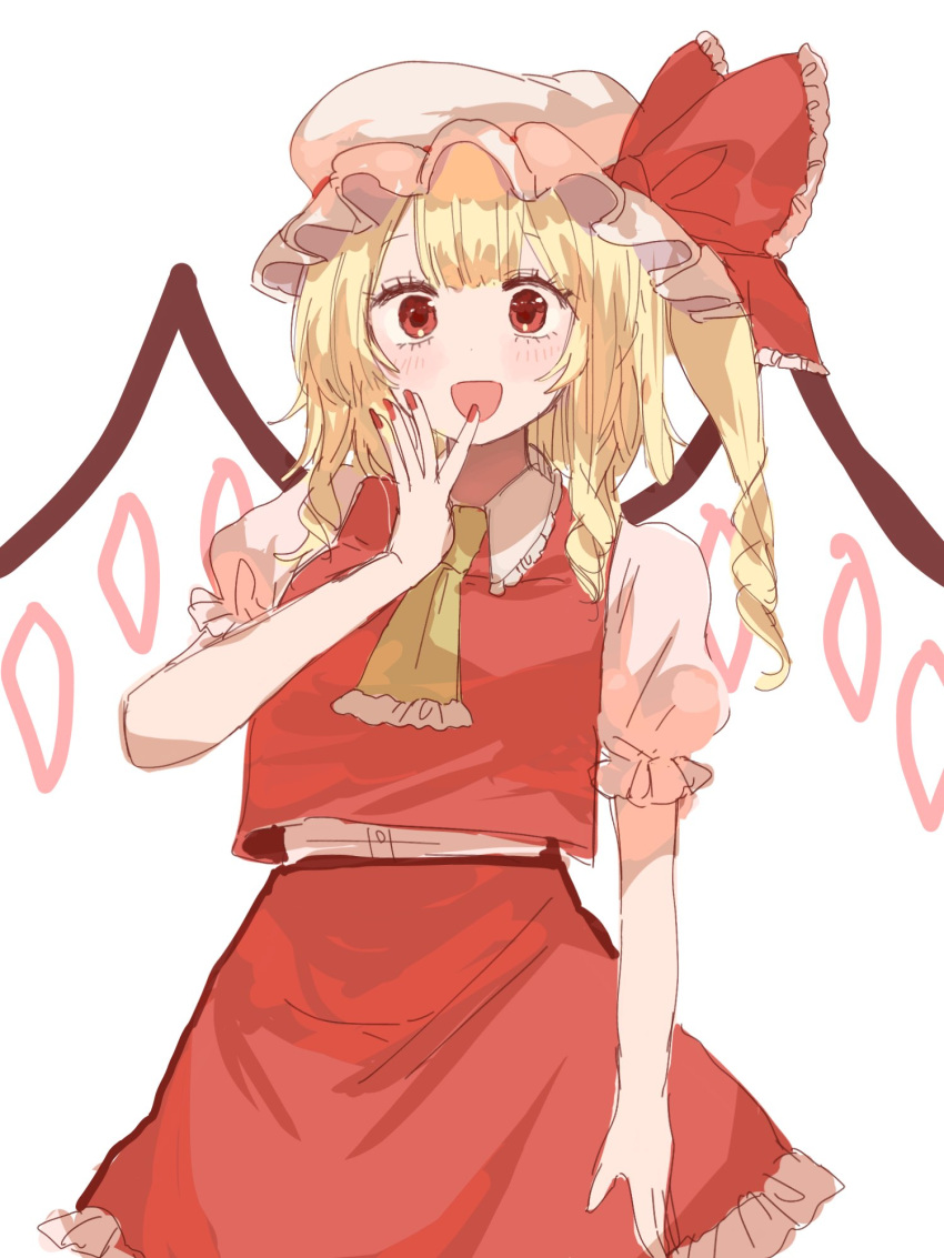 1girl :d ascot blonde_hair collar collared_shirt commentary cowboy_shot flandre_scarlet frilled_ascot frilled_collar frilled_ribbon frilled_skirt frilled_sleeves frills hand_to_own_mouth hat hat_ribbon highres light_blush long_hair looking_at_viewer mob_cap one_side_up puffy_short_sleeves puffy_sleeves red_eyes red_nails red_ribbon red_skirt red_vest ribbon shamo_tarou shirt short_sleeves side_ponytail simple_background skirt smile solo touhou vest white_background white_headwear white_shirt wings yellow_ascot